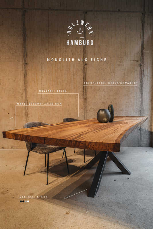 Unikat Esstisch Eiche | Baumtisch Eiche | Massivholztisch  aus einem Stück | Monolith Tisch