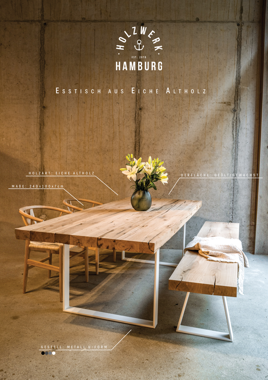Esstisch aus Eiche | Tischgestell weiß | Massivholztisch in Wunschgröße